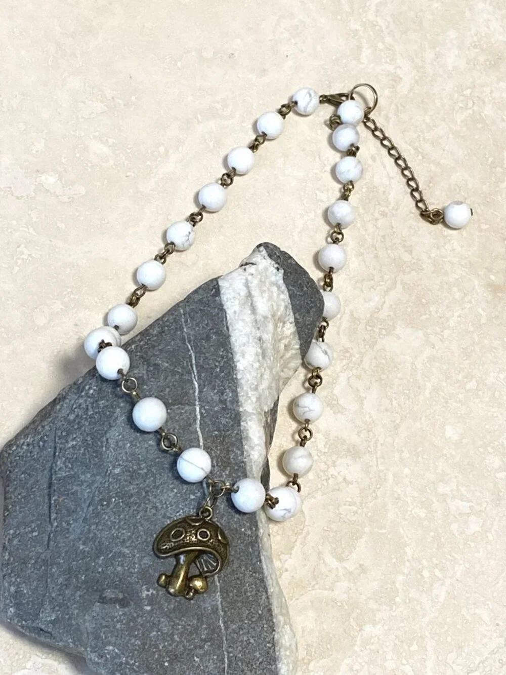 Genuine White Magnesite Short Necklace, Natural Gemstone & Bronze Round Mushroom - Picture 6 of 14